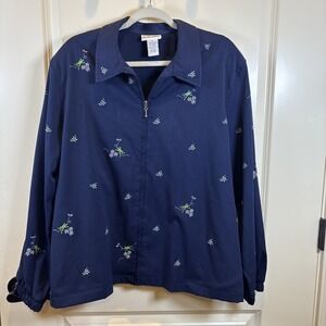 Vintage Alfred Dunner Navy Frog Flower Zip Front Collared Jacket Women Size 18